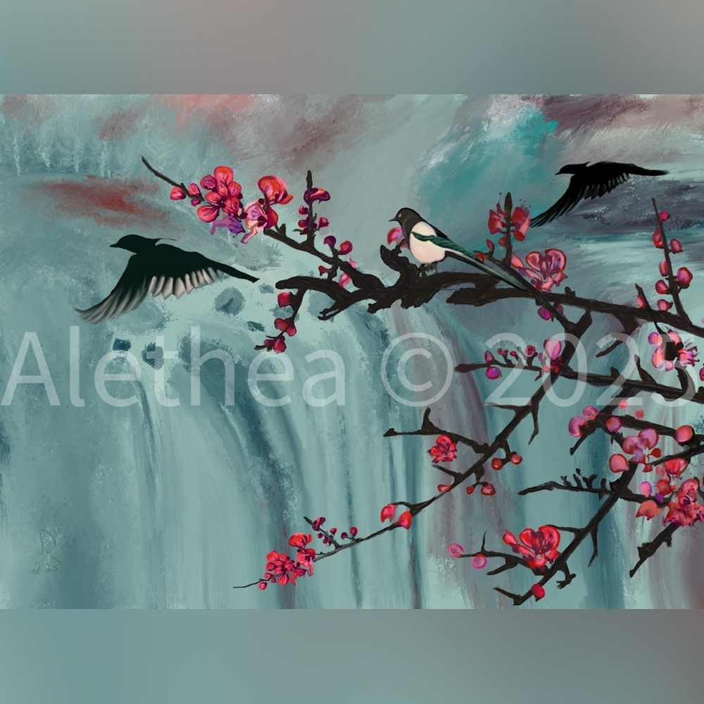 4.5x5 My Magnet Painting of Chinese Plum Blossoms & birds in teal & pink - Picture 2 of 2